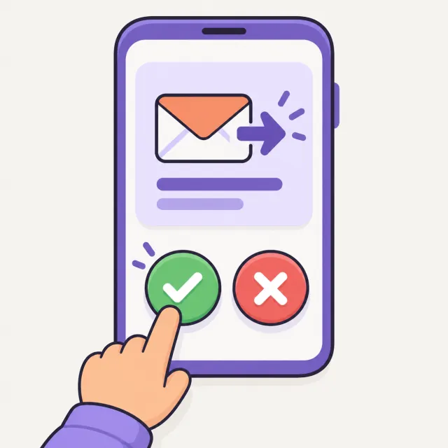 A finger about to tap the green check button under a planned message on a phone