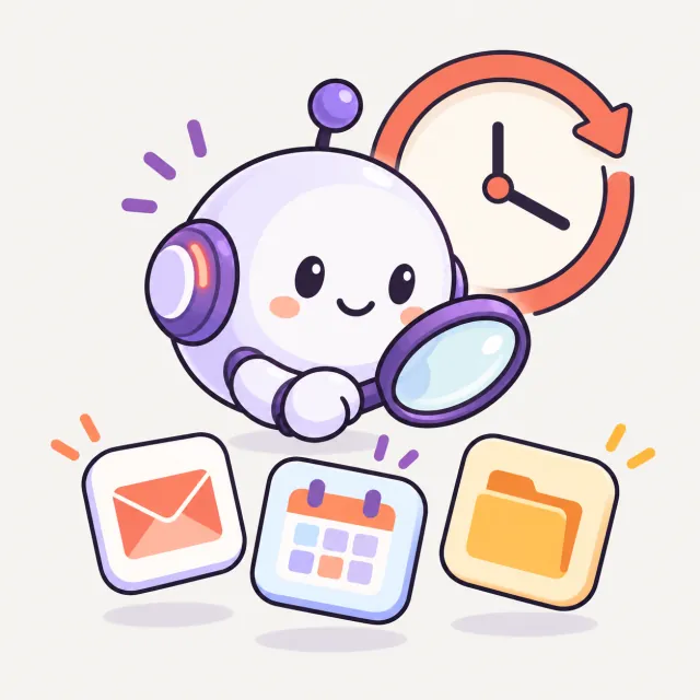 A friendly robot with a magnifying glass looking over mail, calendar and folder tiles, with a clock behind it