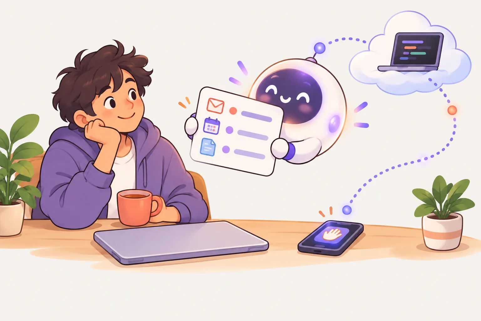 A student with a cup of tea at a desk while a friendly round AI helper brings a card of emails, calendar items and documents; a computer on a cloud keeps working and a dotted line leads to an approval button on the phone