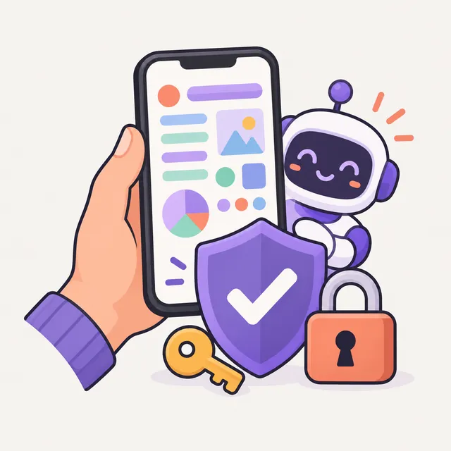 A hand holding a phone behind a shield with a check mark, a key, a padlock and a friendly robot