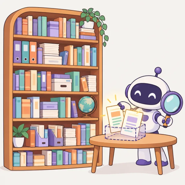 A small robot with a magnifying glass pulls only two glowing pages out of a full bookshelf and puts them into a small box on a desk