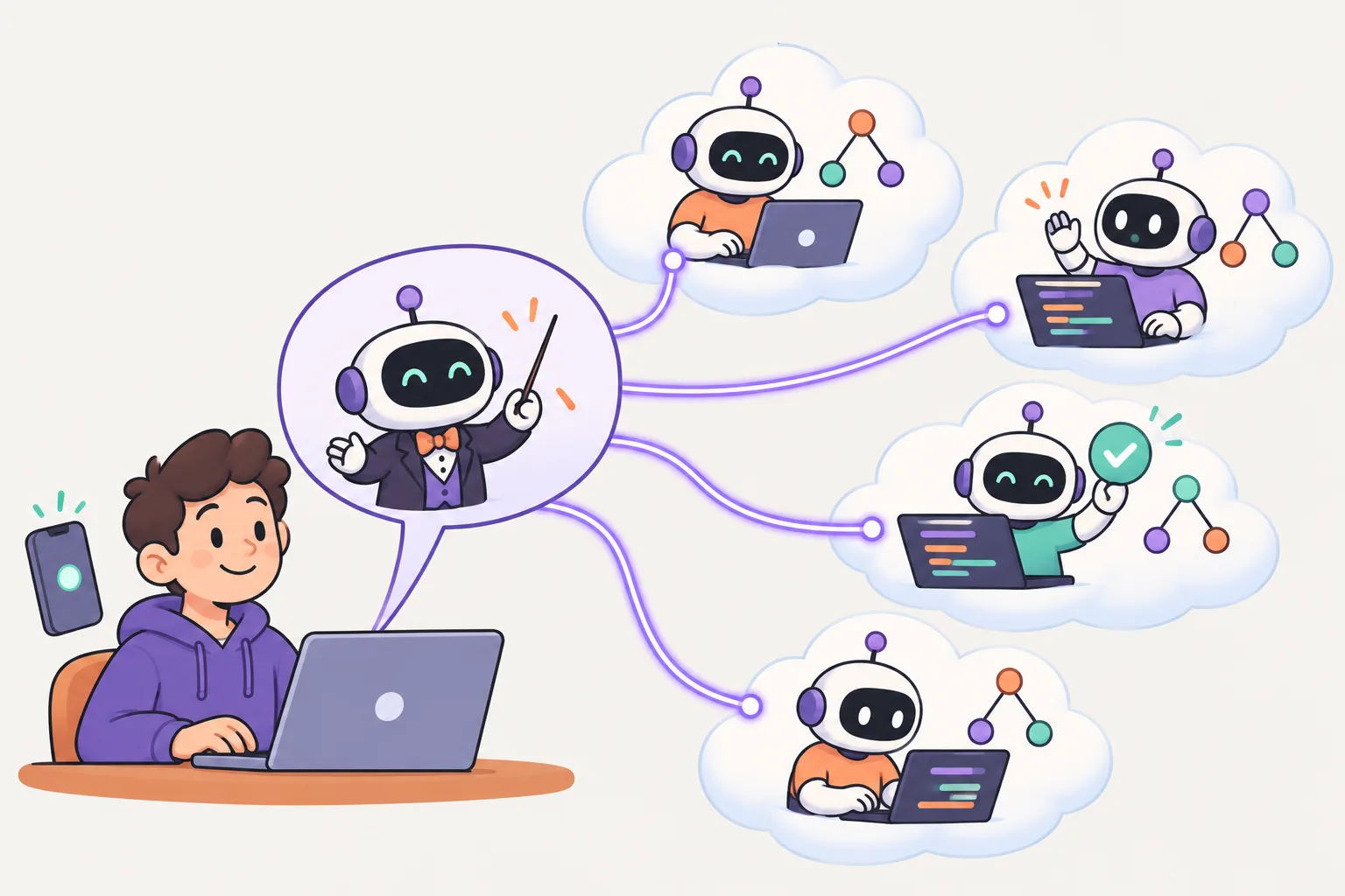 A developer at a laptop with one big conversation bubble where a small robot conductor sends glowing cables to four clouds, each carrying a busy robot working at the same time