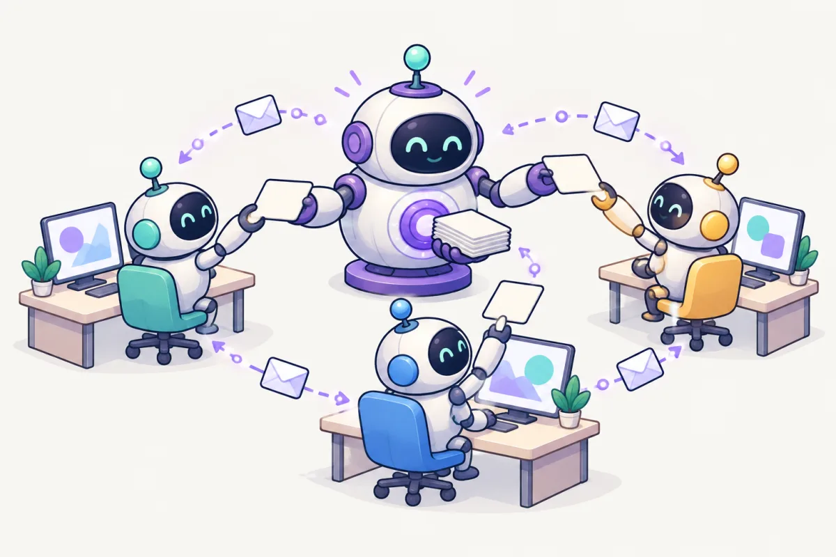 A lead robot hands task cards to three teammate robots at separate desks while envelopes float between them.