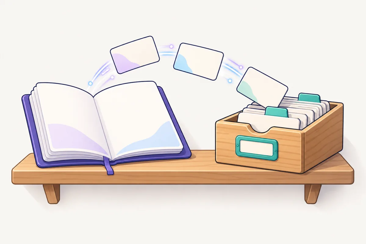 A purple notebook rests beside a card index box while new note cards slide into it.