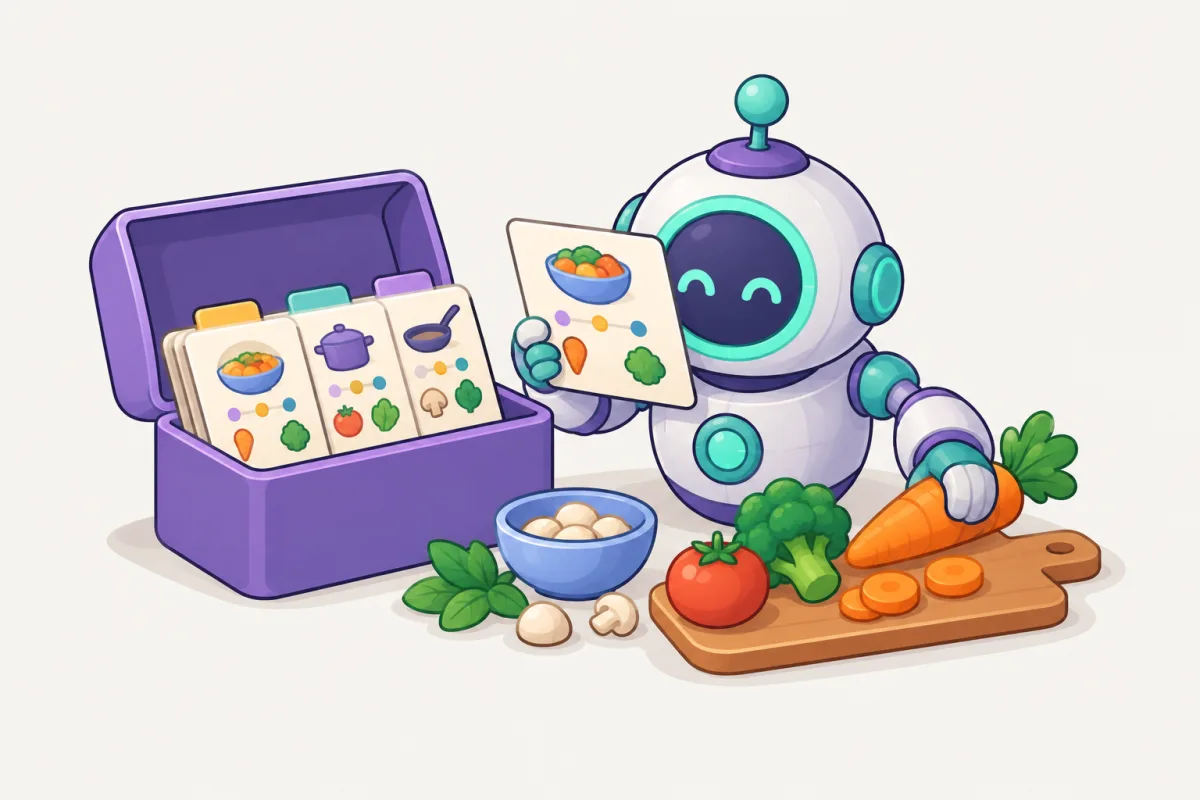 A purple recipe box full of cards beside a small robot that reads one card and gathers ingredients.