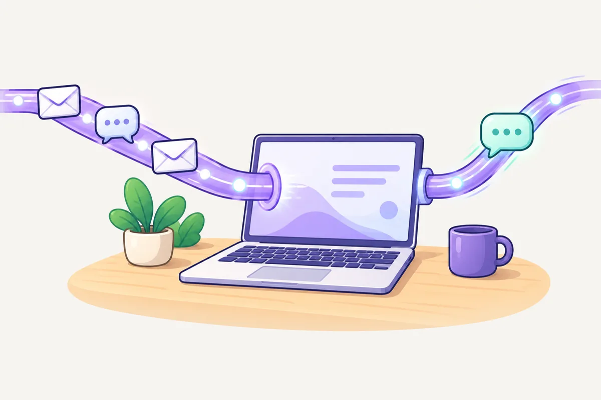 Envelopes and chat bubbles slide through a purple pipe into a laptop, and a reply floats back out.