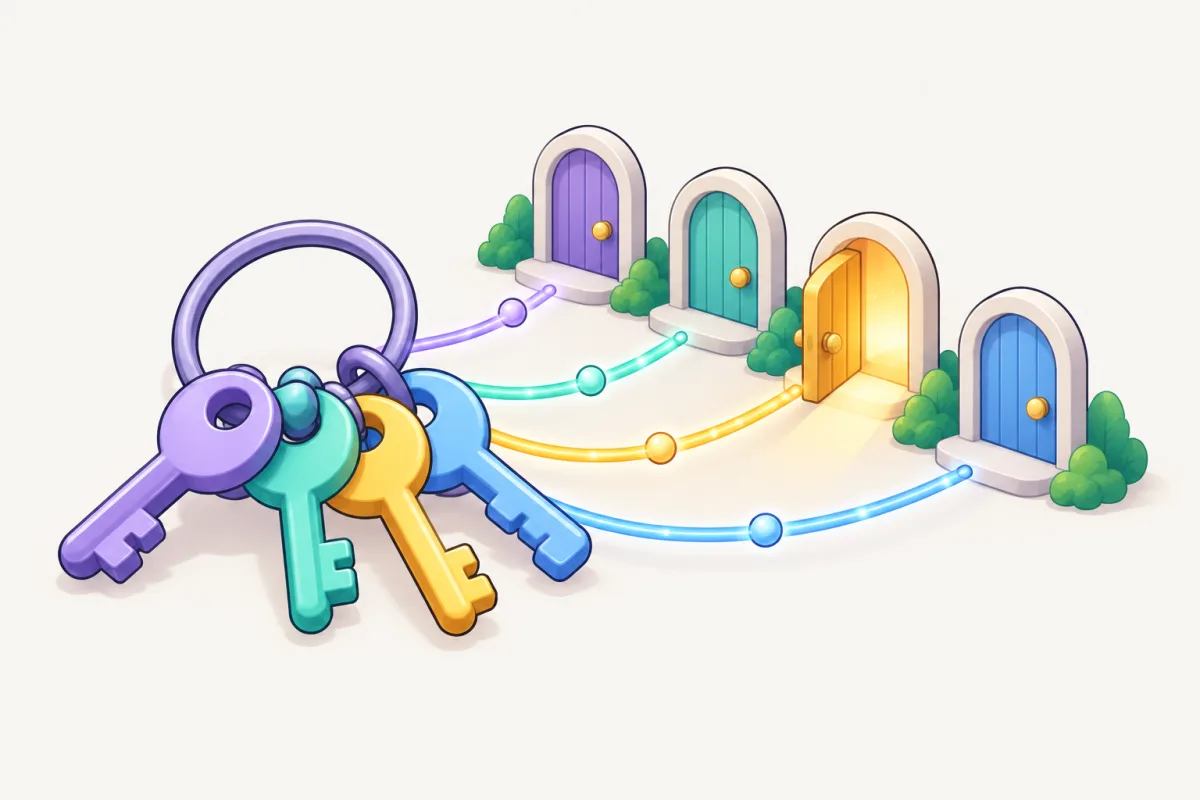 A purple key ring whose keys open a row of small doors, one door glowing open.