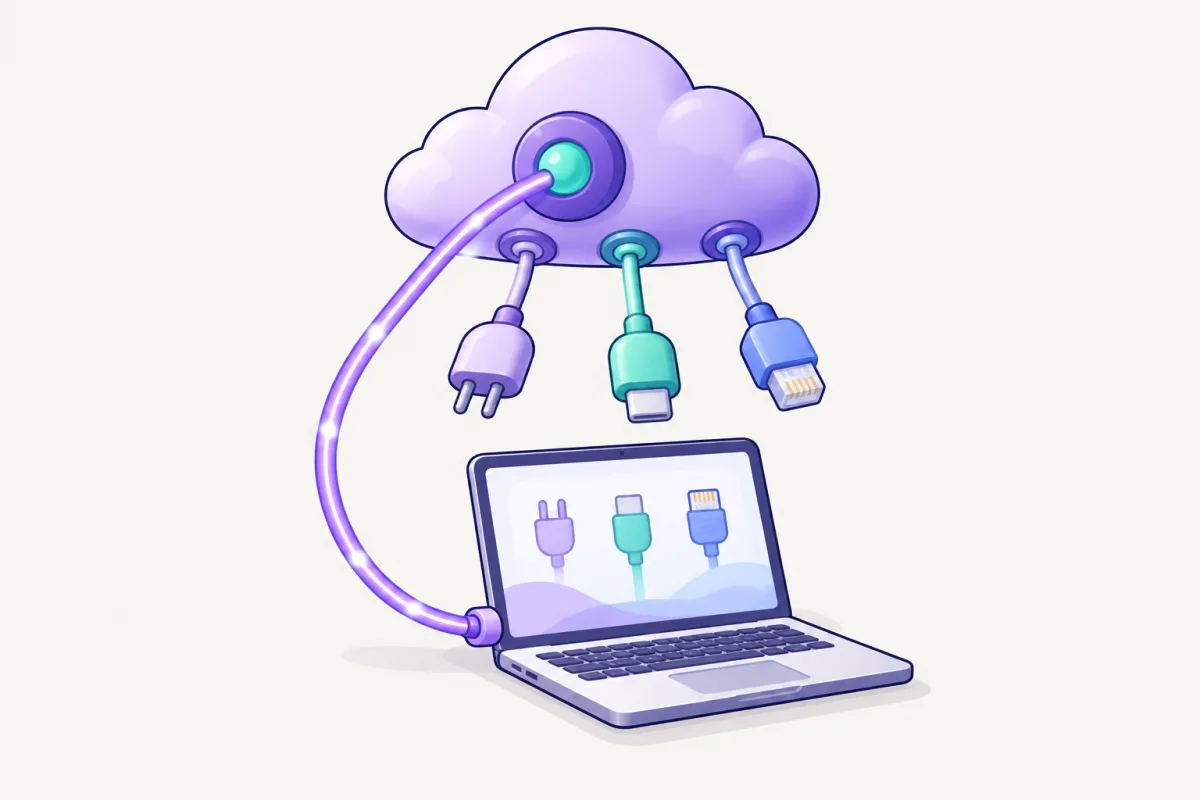 A purple cloud hub with plugs, linked by a cable to a laptop that shows the same plugs.