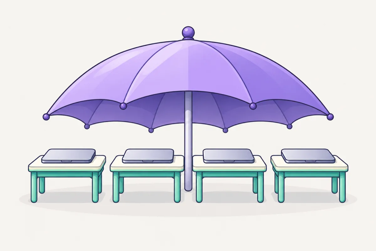 A big purple umbrella covering a row of identical desks with laptops, showing one policy that protects every machine.