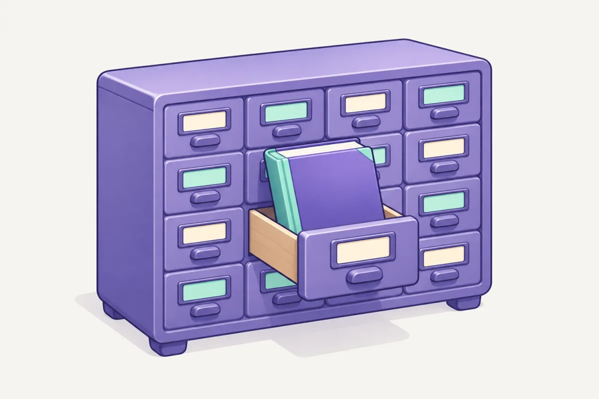 A purple card catalog where one drawer opens to bring out a single full manual while the rest stay closed.