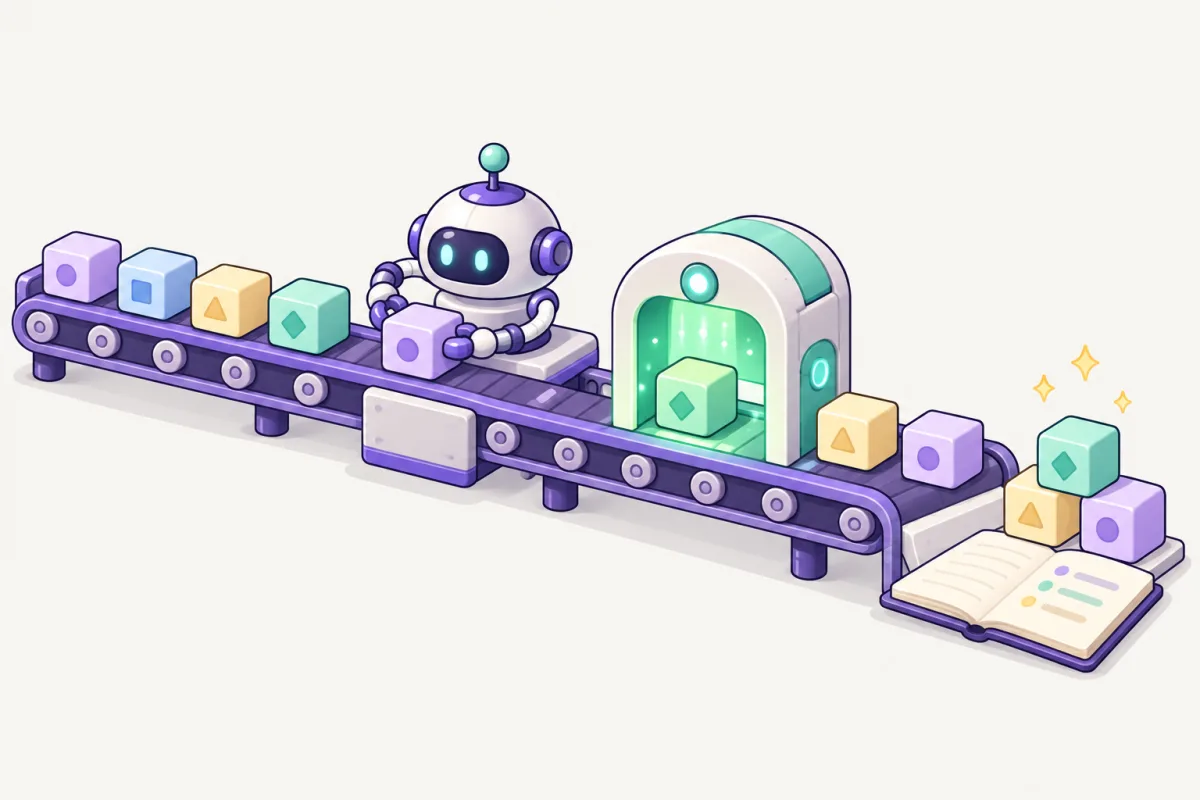 A conveyor belt brings task boxes to a robot worker, then through a checking gate to a logbook.