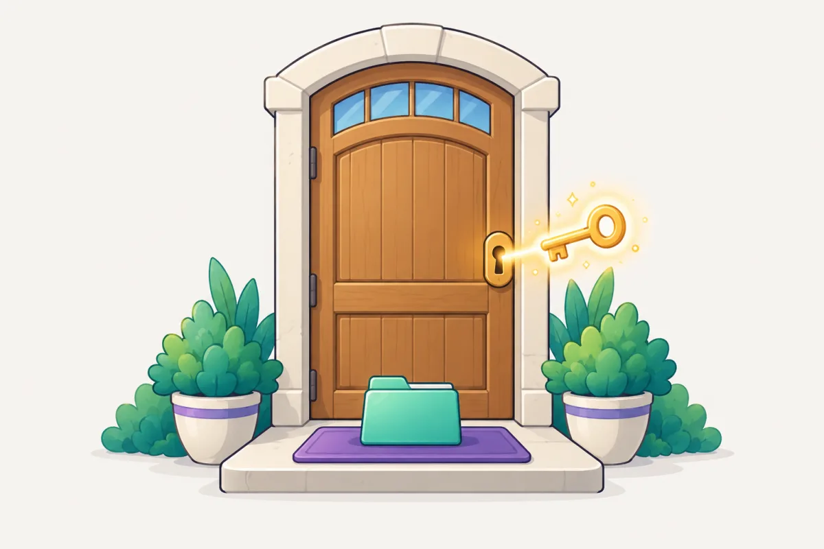 A closed folder waiting at a front door until a key of light unlocks it, showing a folder approved before its settings load.