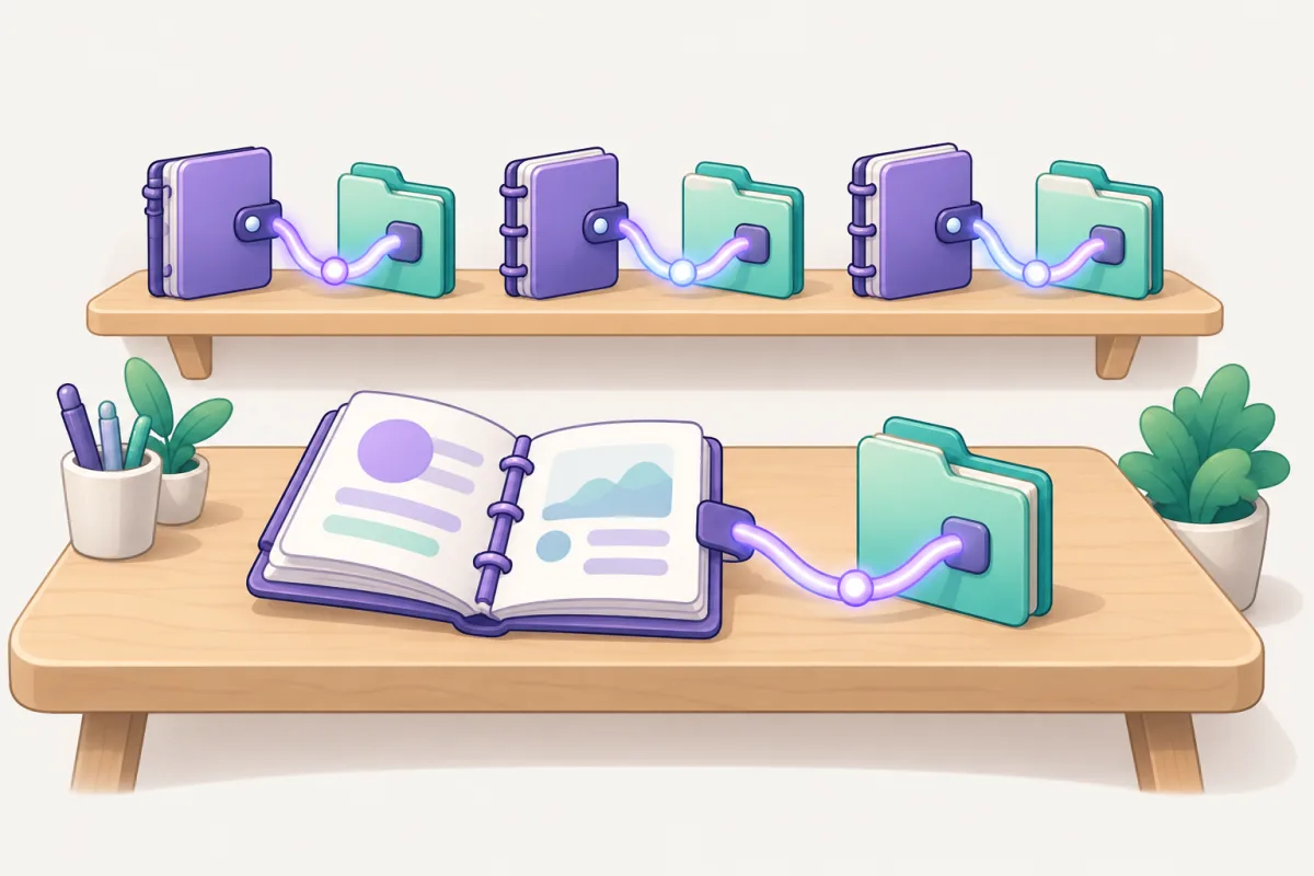 Small purple notebooks, each tied to its own folder, with one open and the rest waiting on a shelf.