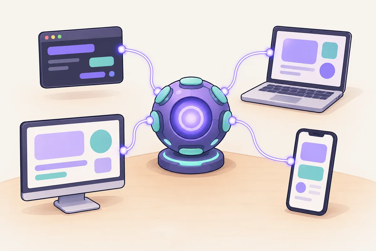 One glowing engine in the middle with lines reaching out to a terminal, a laptop, a monitor and a phone.