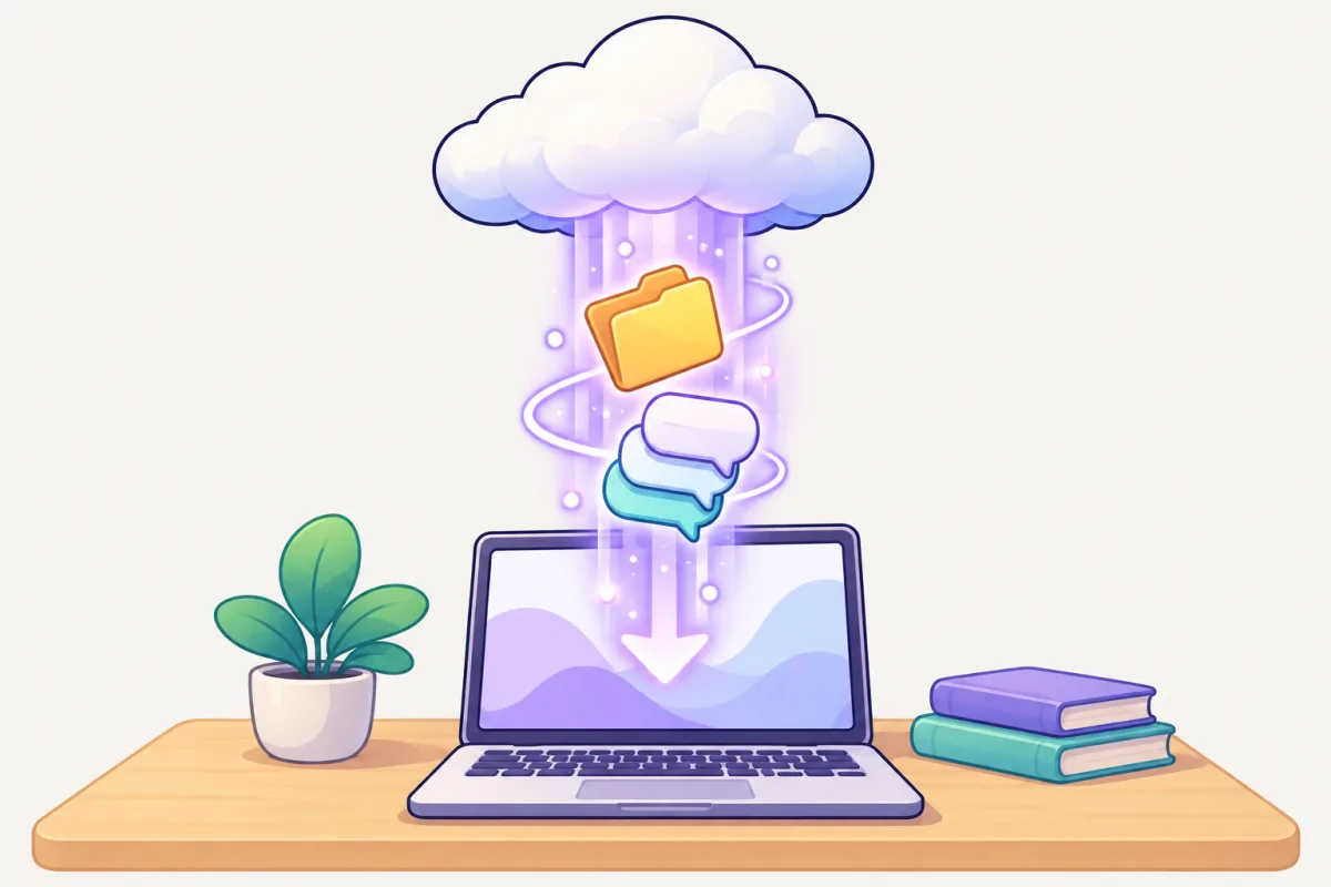 A purple beam carries a folder and chat bubbles from a cloud down into an open laptop.