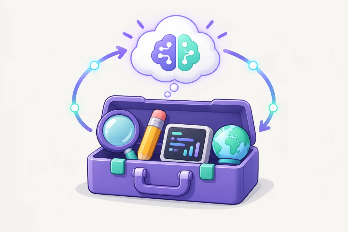 An open purple toolbox with a magnifying glass, pencil, terminal block and globe, linked by a loop arrow to a thought bubble.