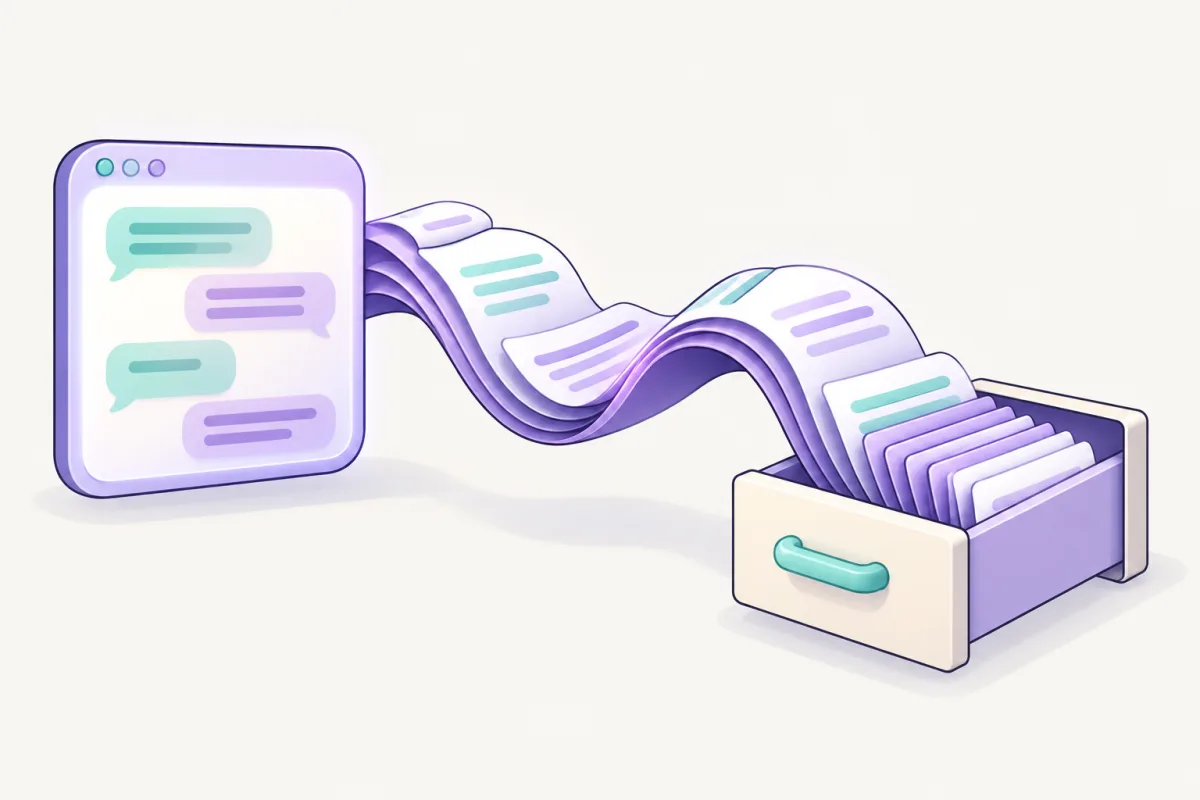 A purple ribbon of paper strips flows from a chat window into a filing drawer.