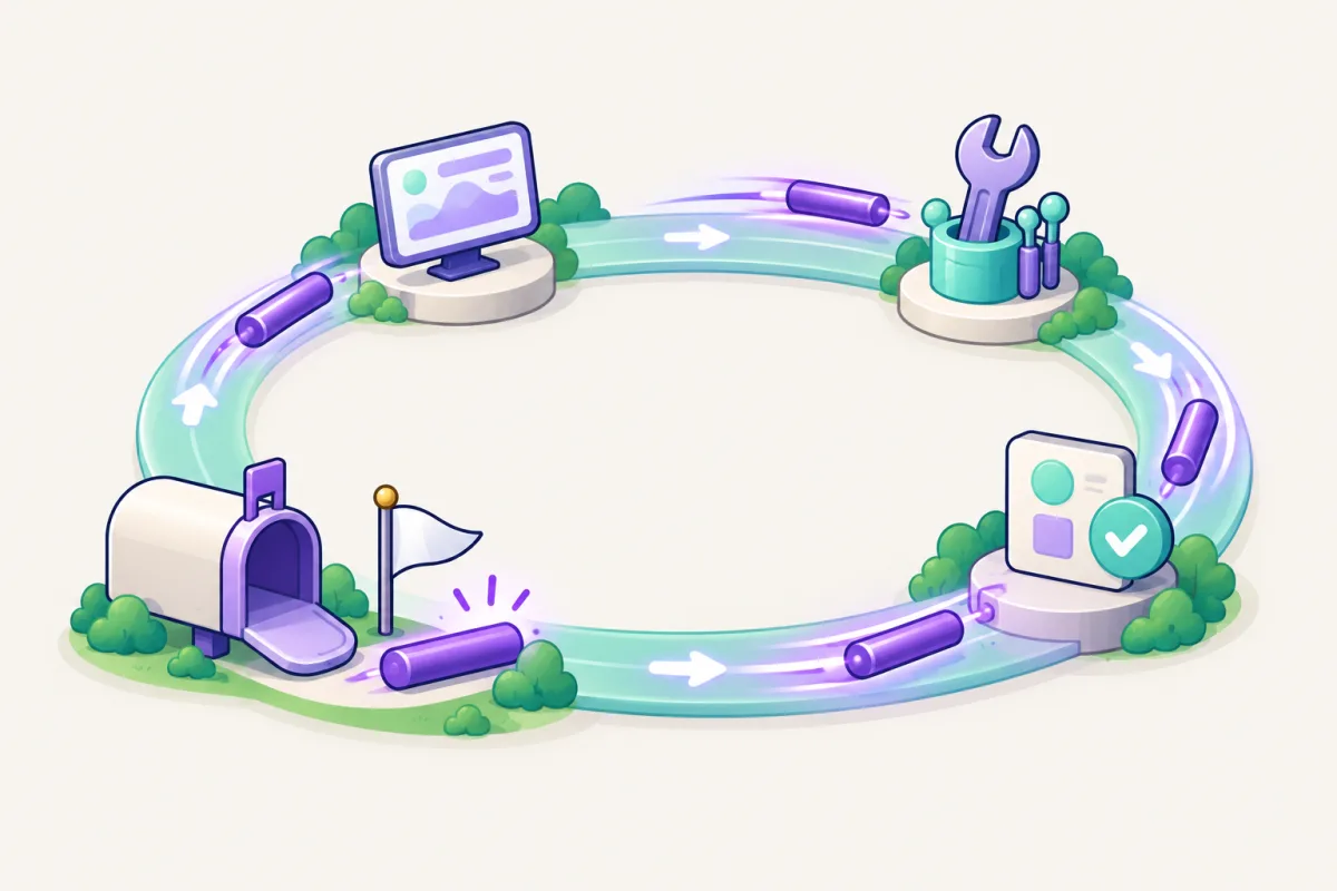 A purple baton travels one loop from a mailbox past small tool stations to a finish flag.