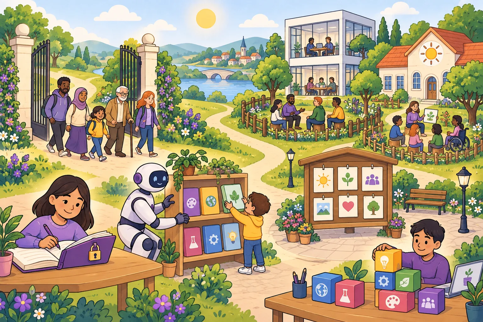 A bright town of learning: people of every age walk in through a wide open gate, a girl writes in a notebook with a small padlock, a robot teacher sets a bookshelf at a child's height, an office and a school each have their own fenced garden where groups study, a community board stands in the square, and a boy builds his own workspace from blocks of subjects.