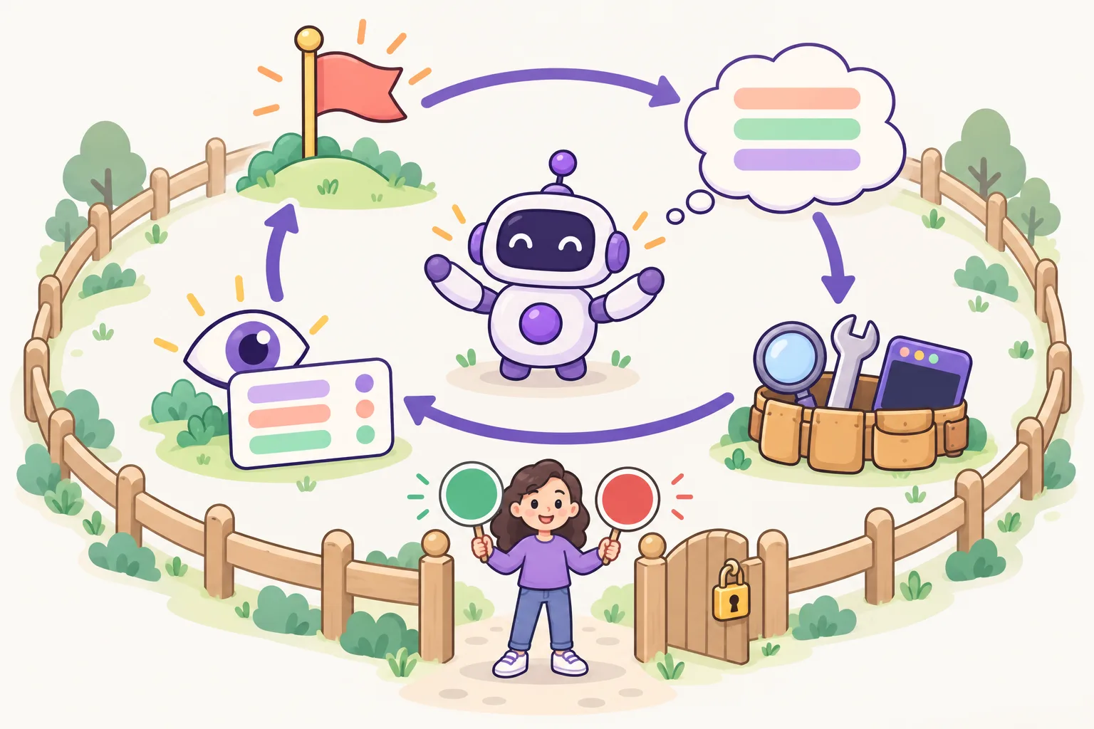 A robot in the middle of a circular arrow with four stations — a goal flag, a thought cloud with a plan, a toolbelt and an eye looking at a result. A fence with a gate surrounds the loop, and a person at the gate holds a green and a red sign.