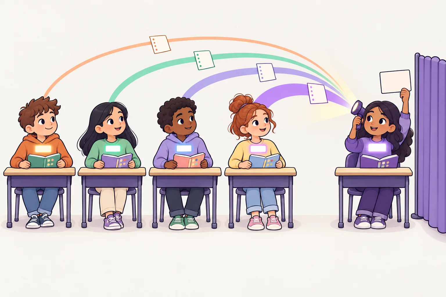 A row of students. The last student holds up a question card and shines a flashlight back at earlier students, whose name tags glow brighter or dimmer. Thick and thin ribbons carry notes from them to the last student. A small barrier blocks the seats to the right.