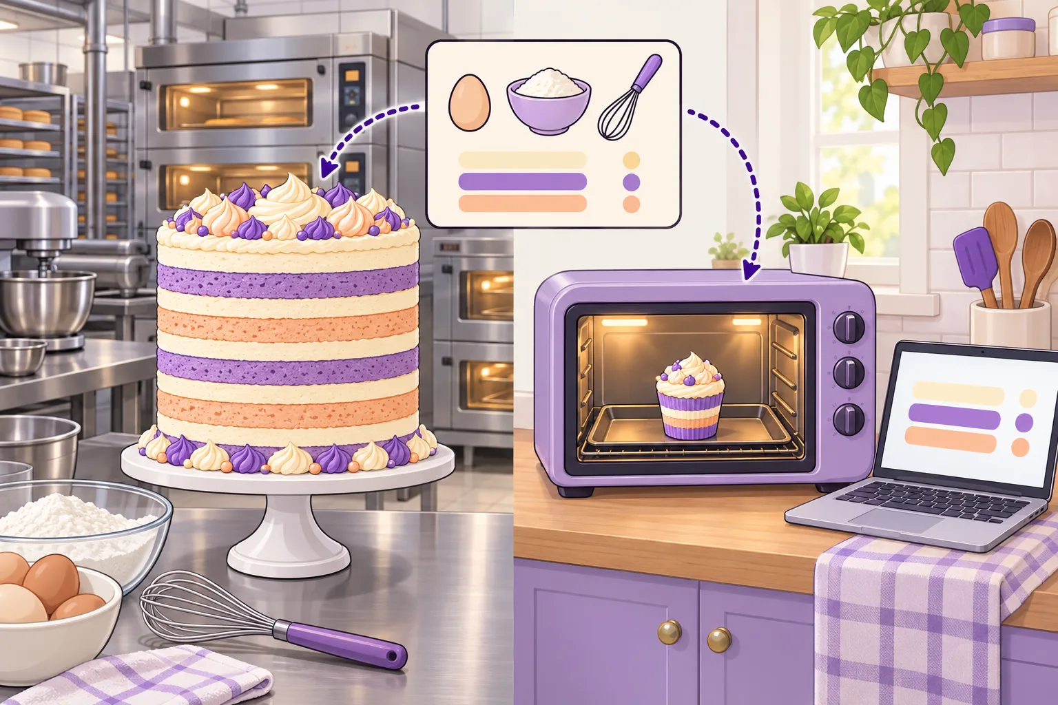 A tall professional layer cake on a stand in a big bakery with large ovens, next to a small cupcake with the same layered pattern baking in a home oven, and a recipe card linking the two.