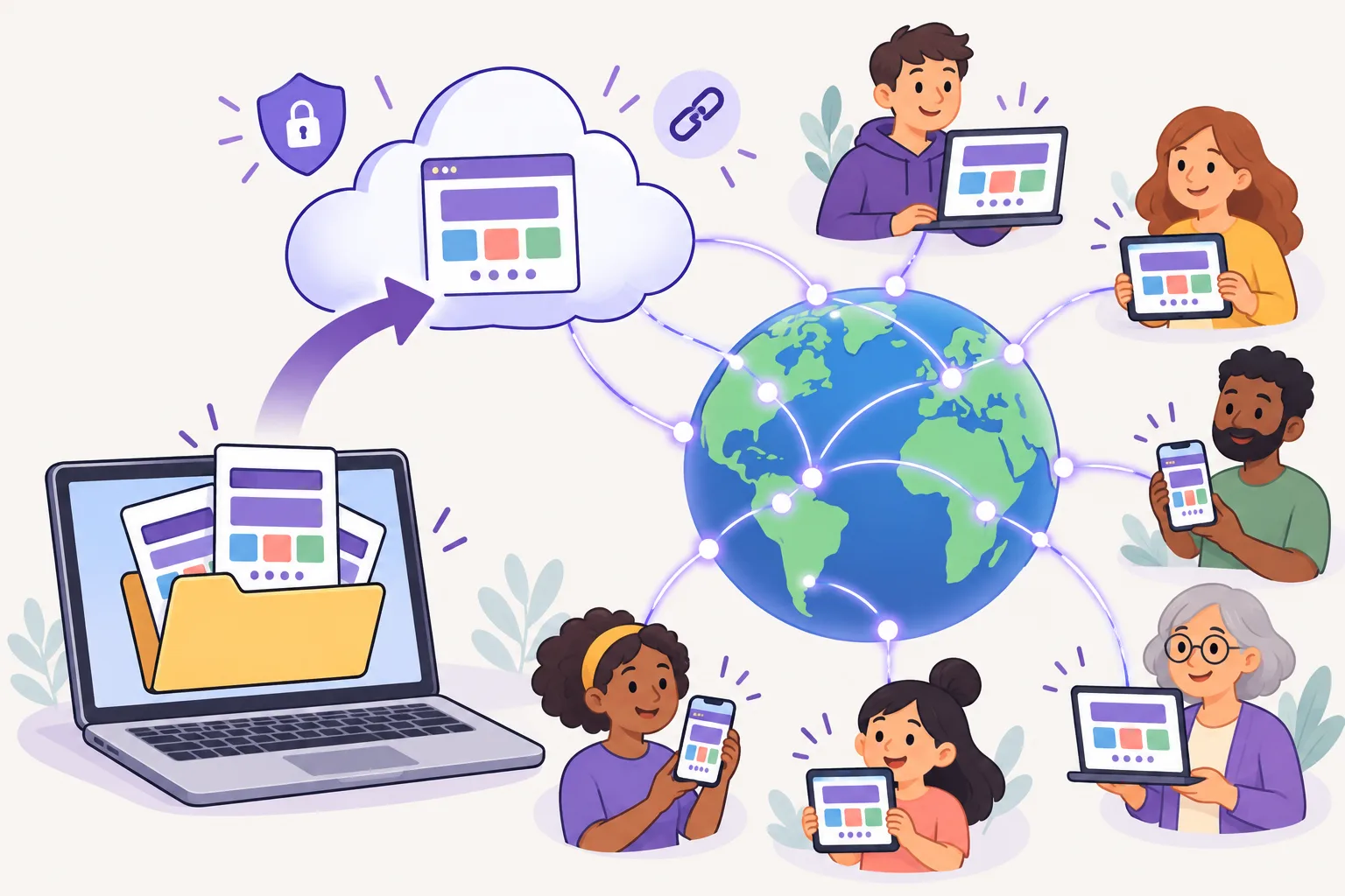 A folder of page files travels up from a laptop to a cloud. From a glowing globe network, the same colourful page reaches phones, tablets and laptops held by people around the world.