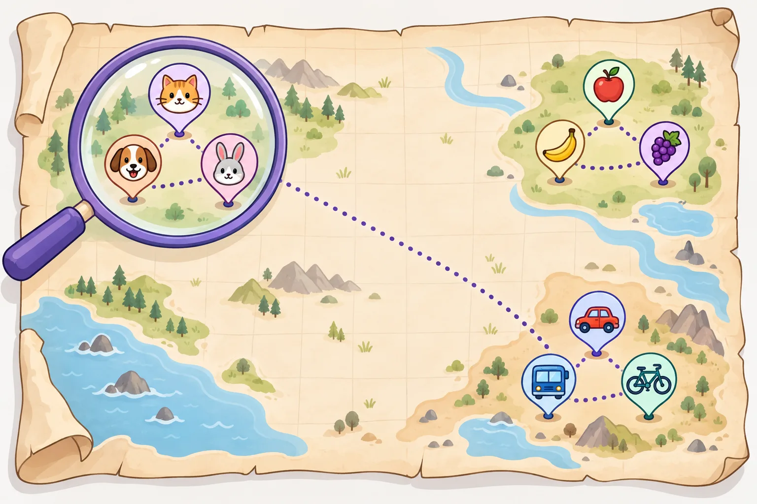 A soft grid map with three groups of pins: animals close together, fruits close together and vehicles close together, with long dotted lines between the groups and a magnifying glass over the animals.