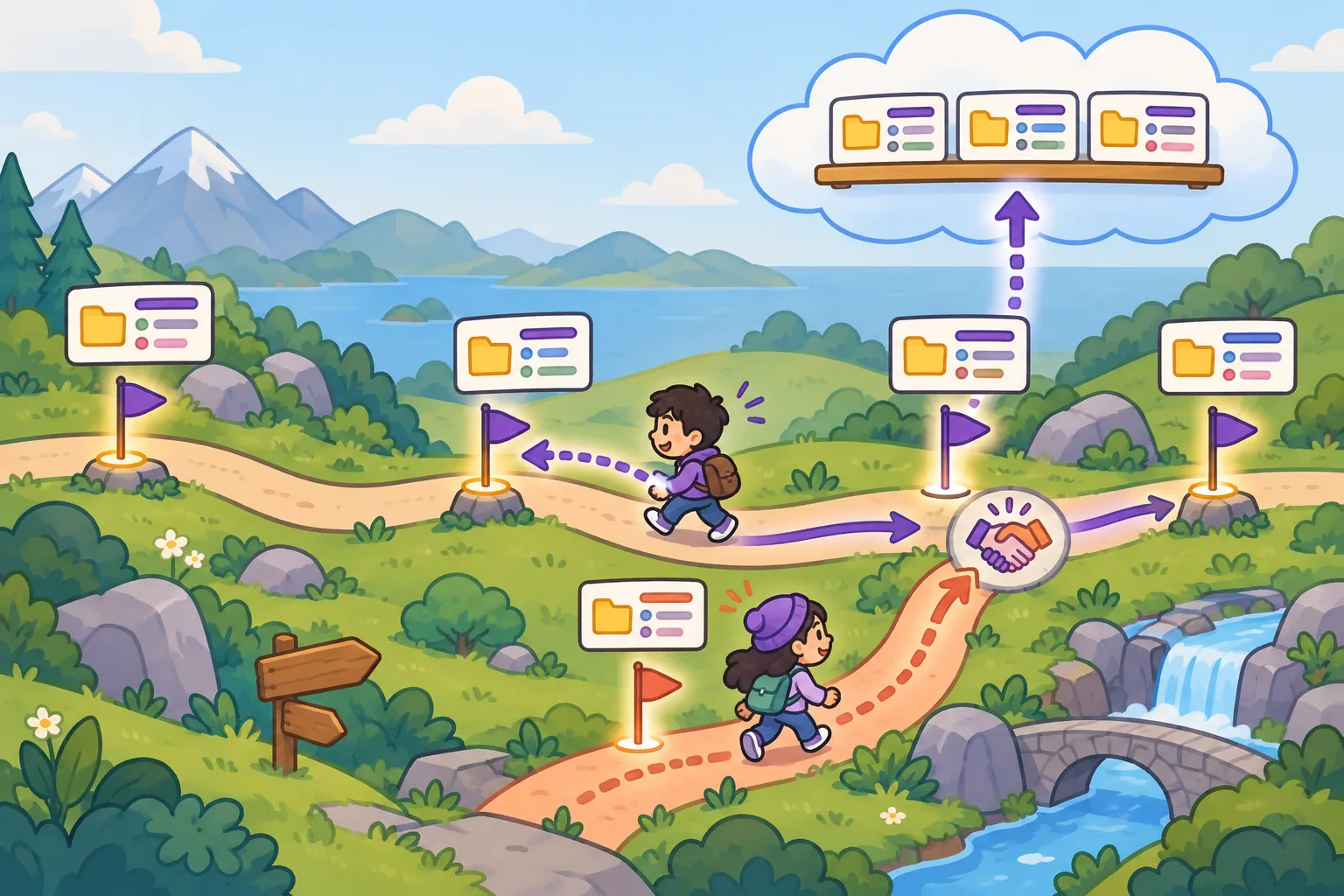 A winding path with glowing checkpoint flags, each with a small snapshot card above it, and a dotted arrow walking back to an earlier flag. A cloud above keeps copies of the cards, and a second character on a side branch offers a handshake to merge back.