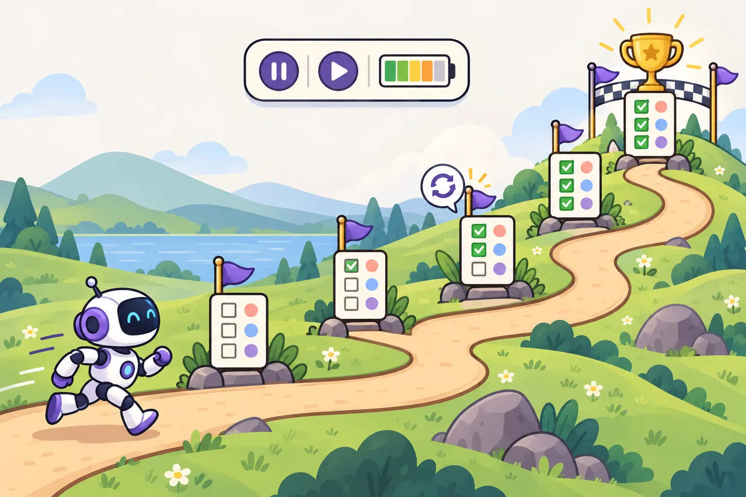 A robot runner on a long track with checkpoint stations where one more box is ticked each time, a retry arrow at one station, and a finish line with a trophy and a fully checked list. A small dashboard shows pause, play and a budget gauge.