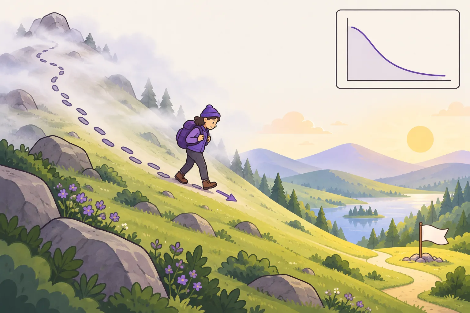 A small hiker walks down a foggy, curved hillside in small footsteps, guided by an arrow pointing downhill, toward a sunny valley at the bottom.