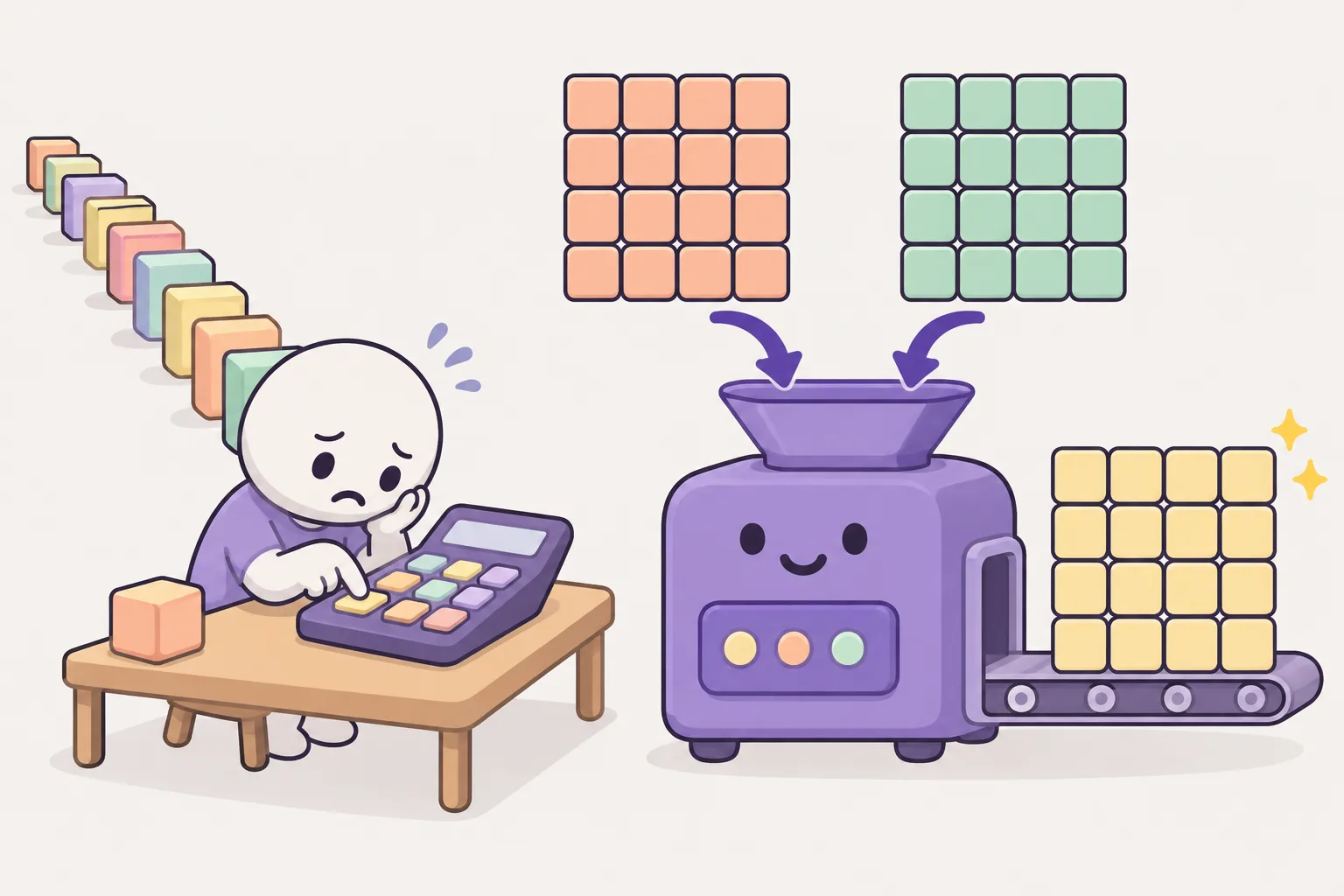 Left: a tired character presses a calculator while a long queue of single blocks waits. Right: a machine multiplies two large coloured grids in one step and a result grid appears with sparkles.