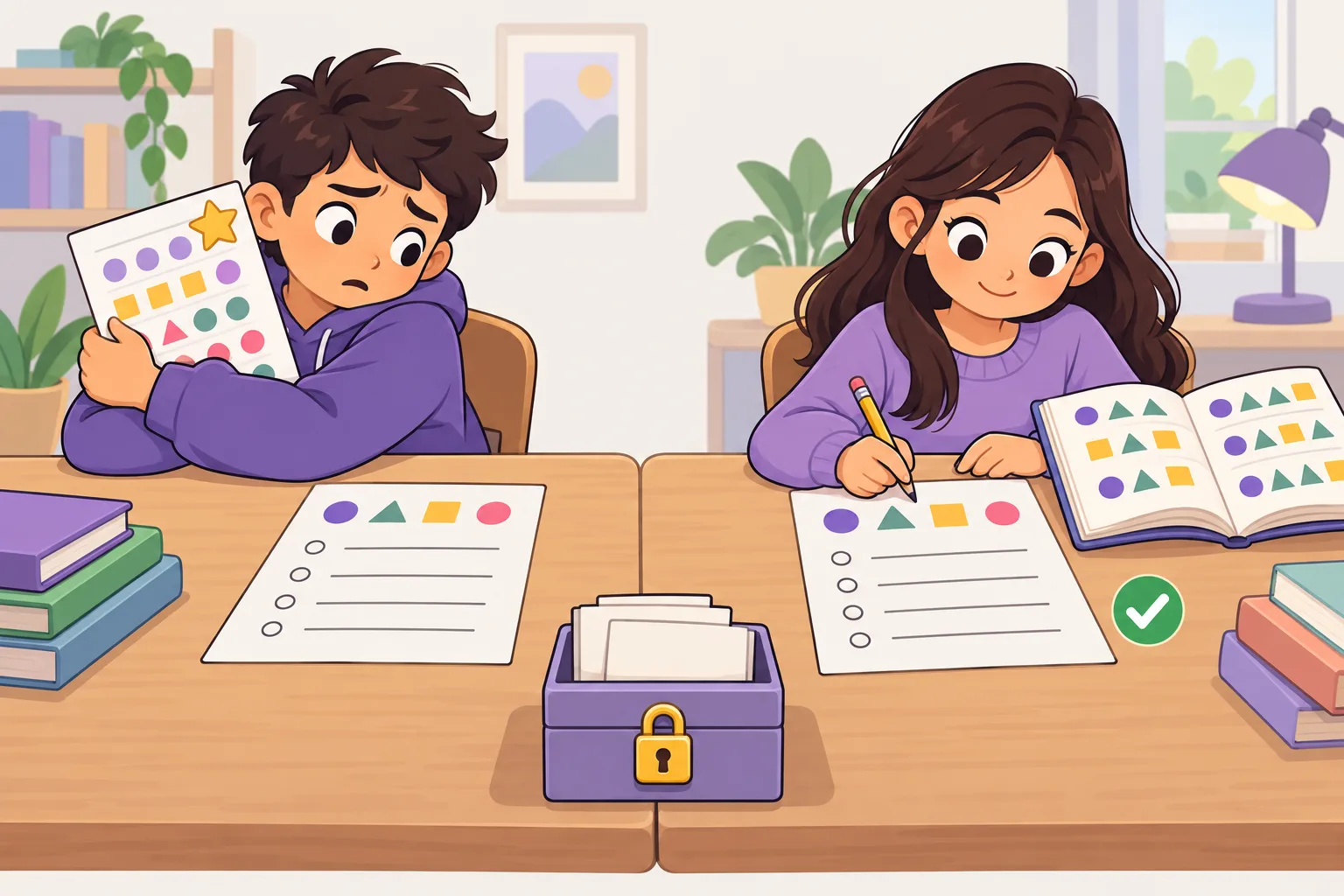 Left: a student memorises an answer sheet and smiles at a perfect practice score, then looks puzzled at a new exam paper. Right: another student studies patterns from a book and answers the new exam paper confidently, while a few question cards are kept locked in a box.