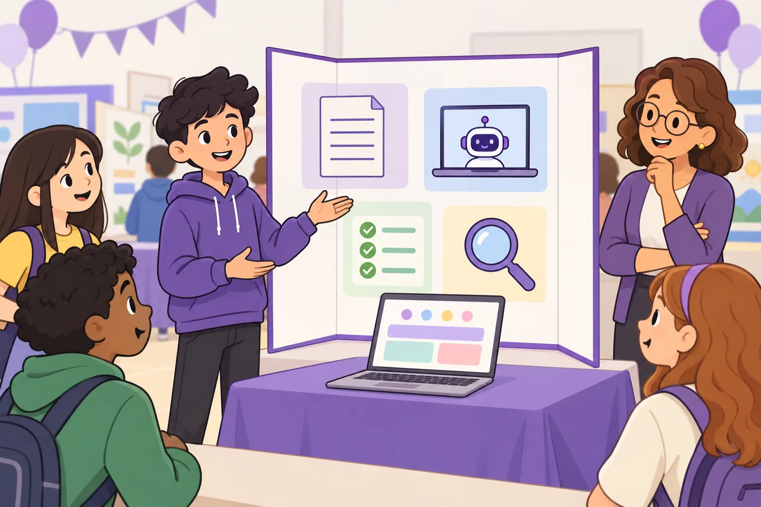 A student stands proudly by a science-fair poster with simple icons — a plan sheet, a laptop with a small robot, a checklist and a magnifying glass — while classmates look on.