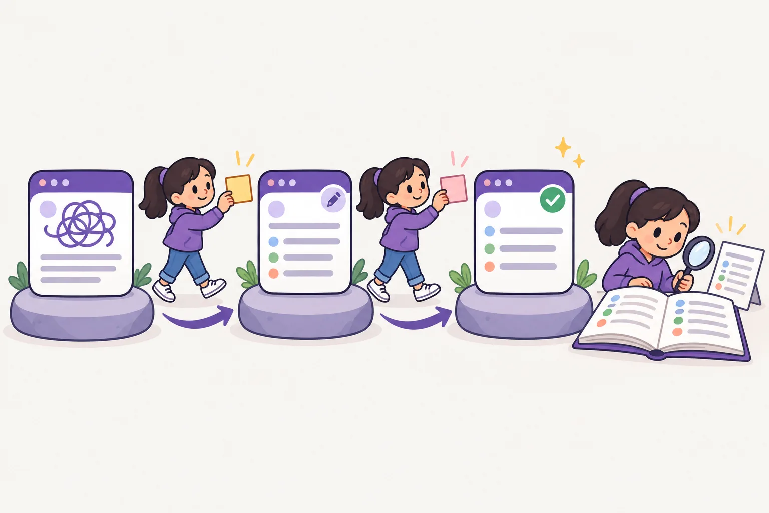 Three stepping stones, each with a chat window: a messy result, a cleaner result with a pencil mark and a neat result with a green check. A child adds a sticky note of feedback at each step and checks the final answer against a book and a second document.