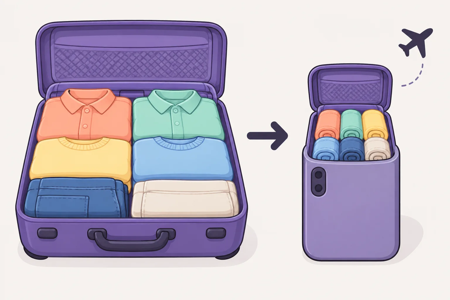 Left: a big suitcase with neatly folded clothes. Right: the same clothes rolled tightly into a small suitcase that fits into a phone-shaped pocket, with a small airplane icon nearby.