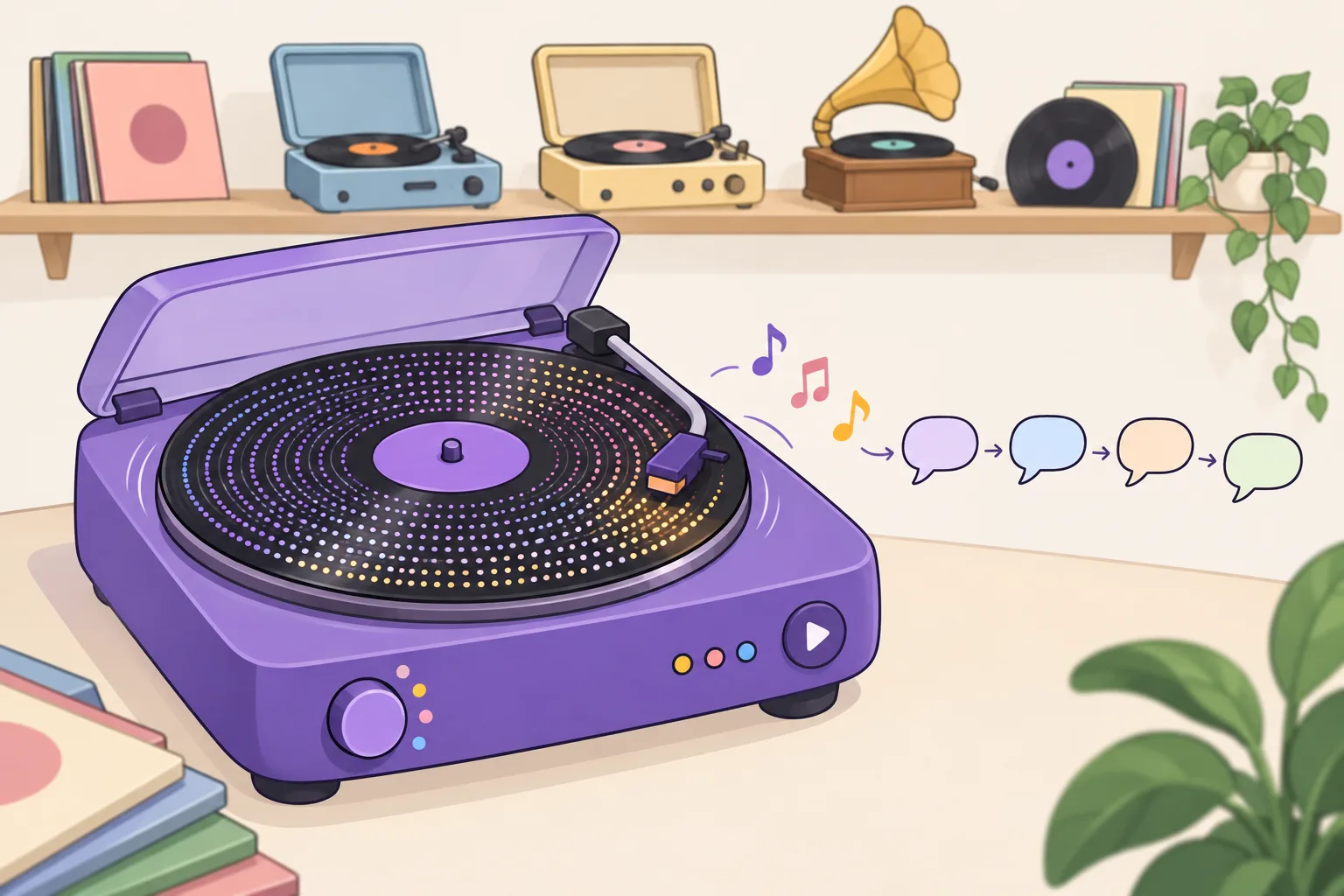 A record shaped like a disc of tiny numbers sits on a friendly record player. Music notes come out as small word bubbles one after another, and a few different players for different record shapes stand on a shelf.