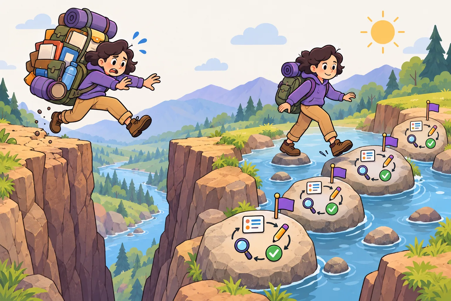 Left: a worried character with a huge backpack tries to leap across a canyon in one jump. Right: the same character crosses calmly on small stepping stones, each with a tiny cycle of plan, edit, test and review and a small save flag.