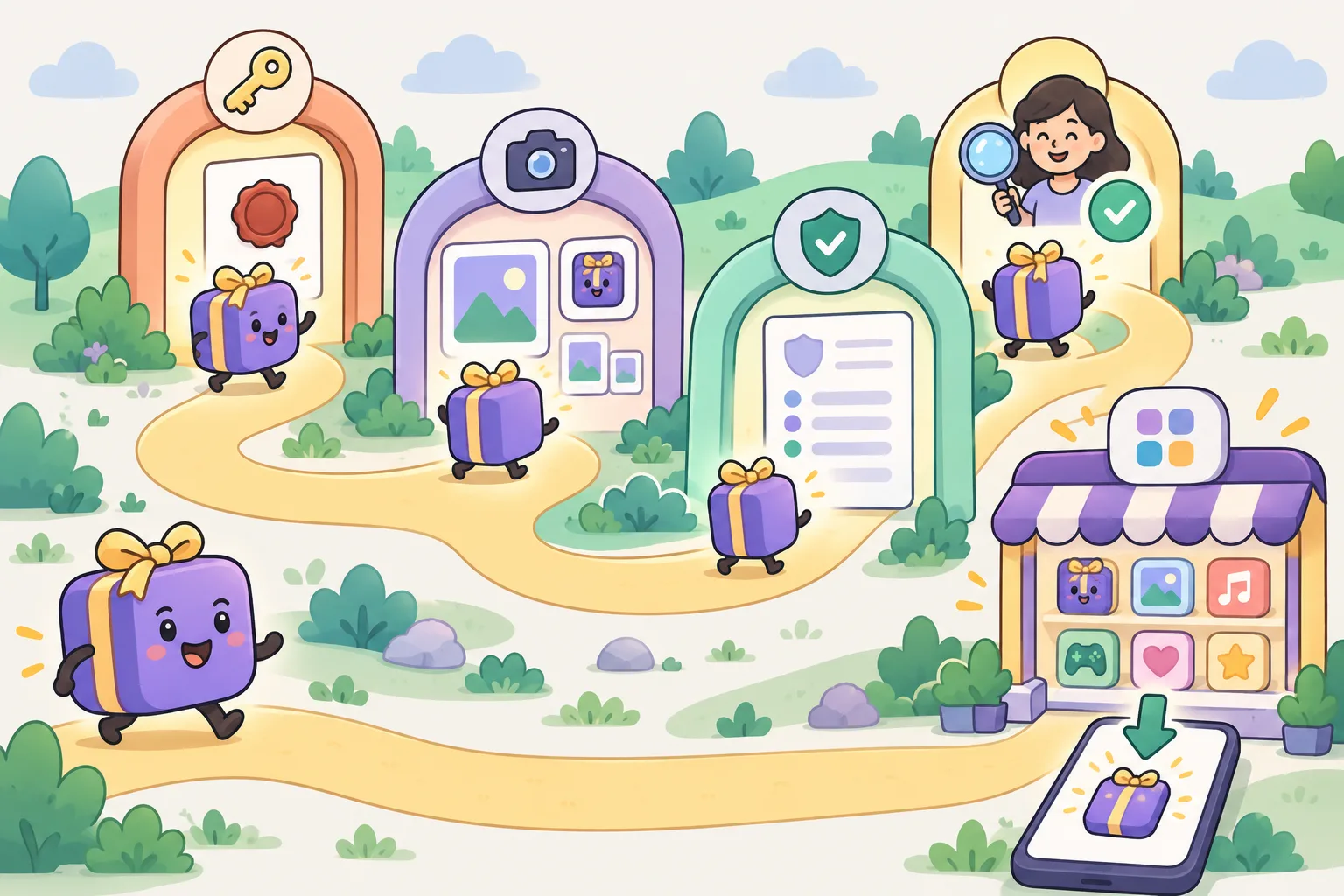 An app box travels through four friendly gates — a key and wax seal, a camera with picture frames, a shield with a document, and a reviewer with a magnifying glass and a green check — and arrives on a bright shop shelf and a phone.