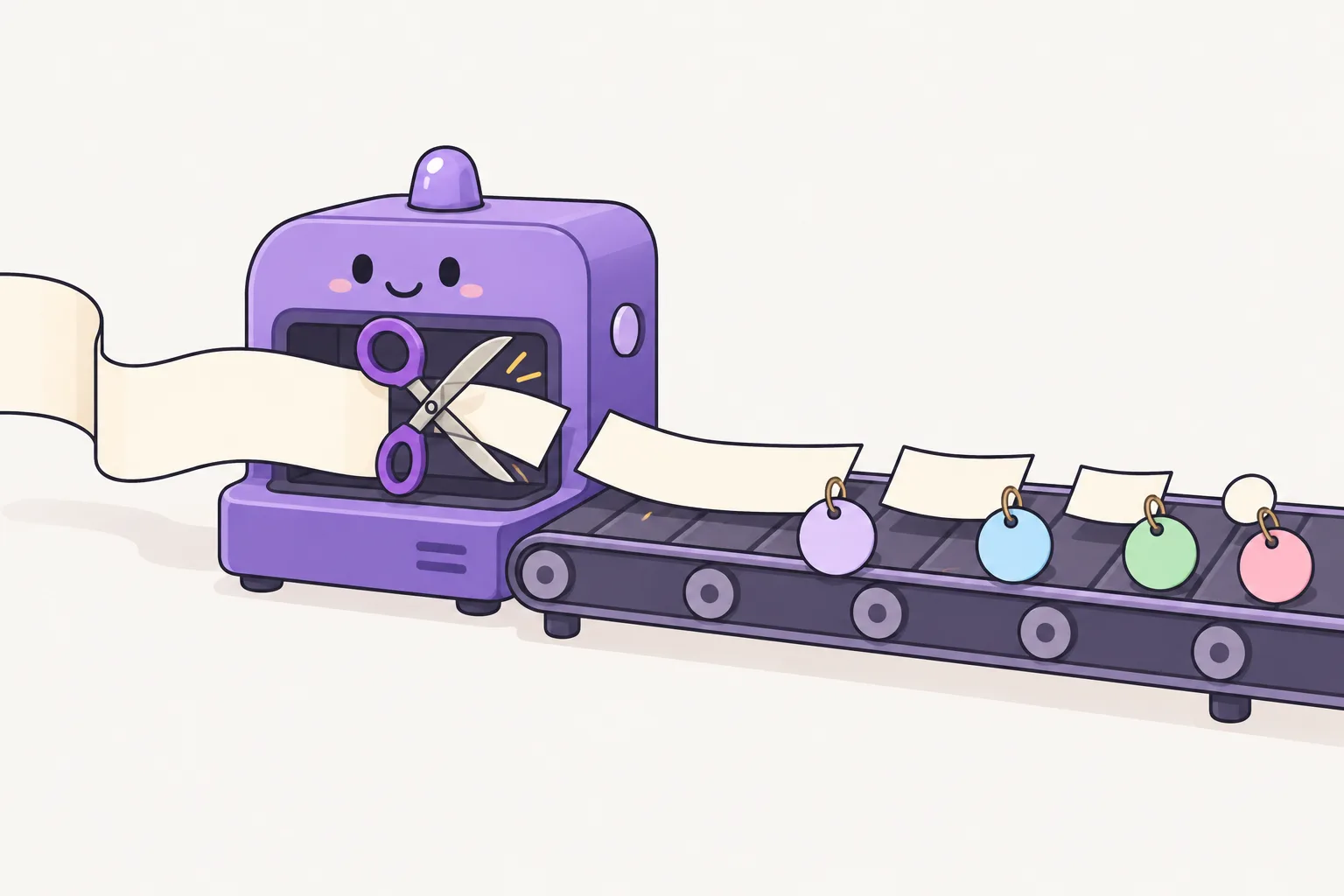 A paper strip goes into a cutting machine and comes out as pieces of different lengths, each with a coloured round tag, lined up in a row.
