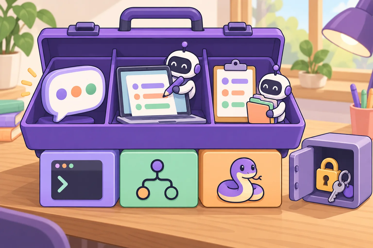An open toolbox with three compartments — a chat bubble, a laptop with a small robot arm and a clipboard with a robot carrying folders — rests on three blocks: a terminal window, a branching tree and a friendly snake. Beside it, a key and a padlock sit in a small safe.