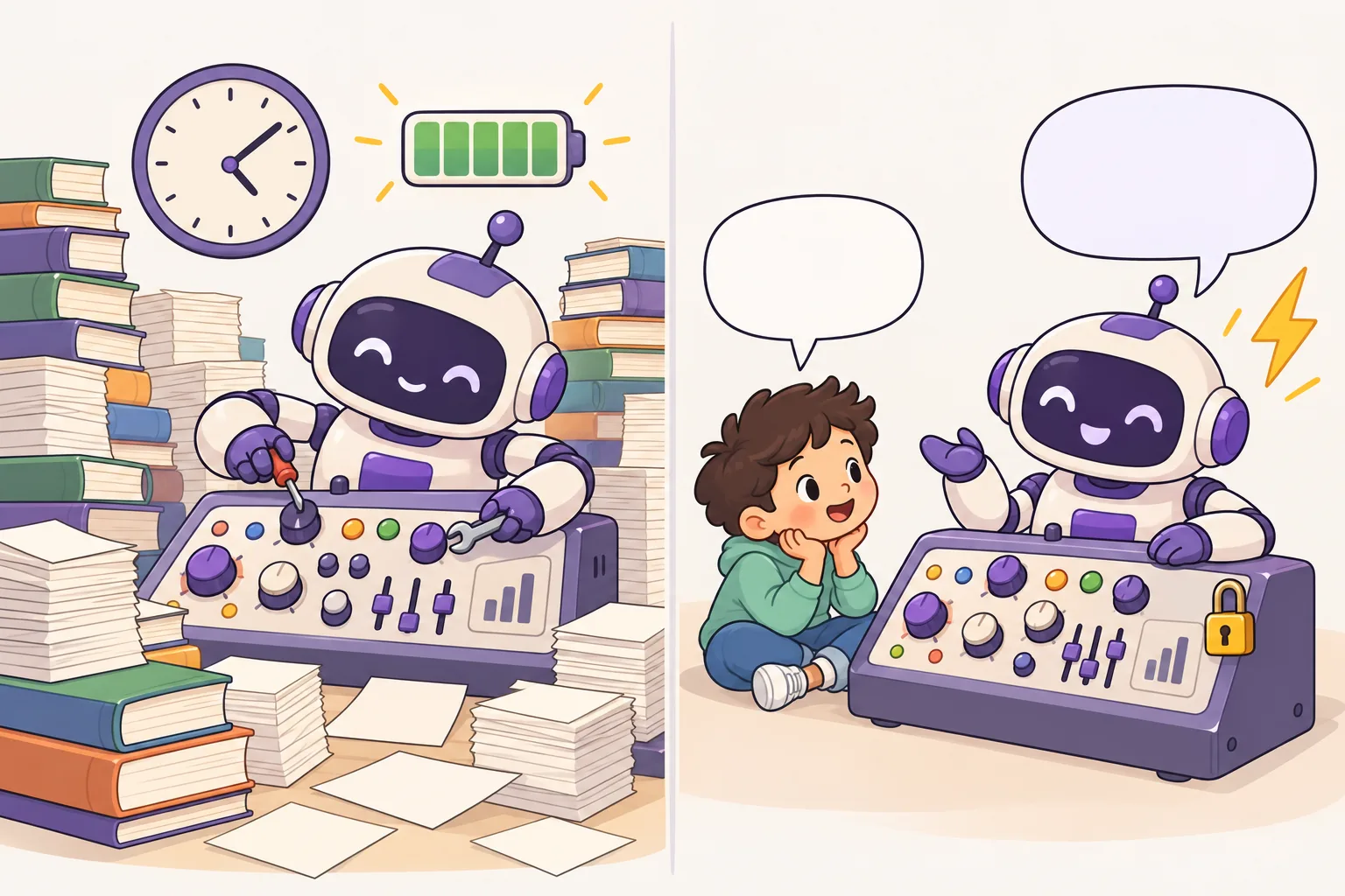 Left: a robot surrounded by stacks of books turns many small dials, with a clock and an energy icon. Right: the same robot, dials locked, quickly answers a child's question with a lightning bolt beside it.