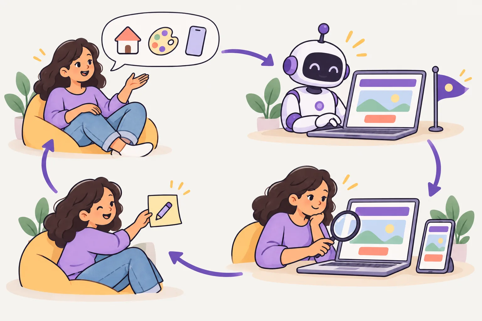A relaxed person describes a house, a palette and a phone in a speech bubble. A robot builds a page of coloured blocks on a laptop. The person checks it on a phone and a laptop with a magnifying glass and hands back a sticky note, with a circular arrow joining the steps.