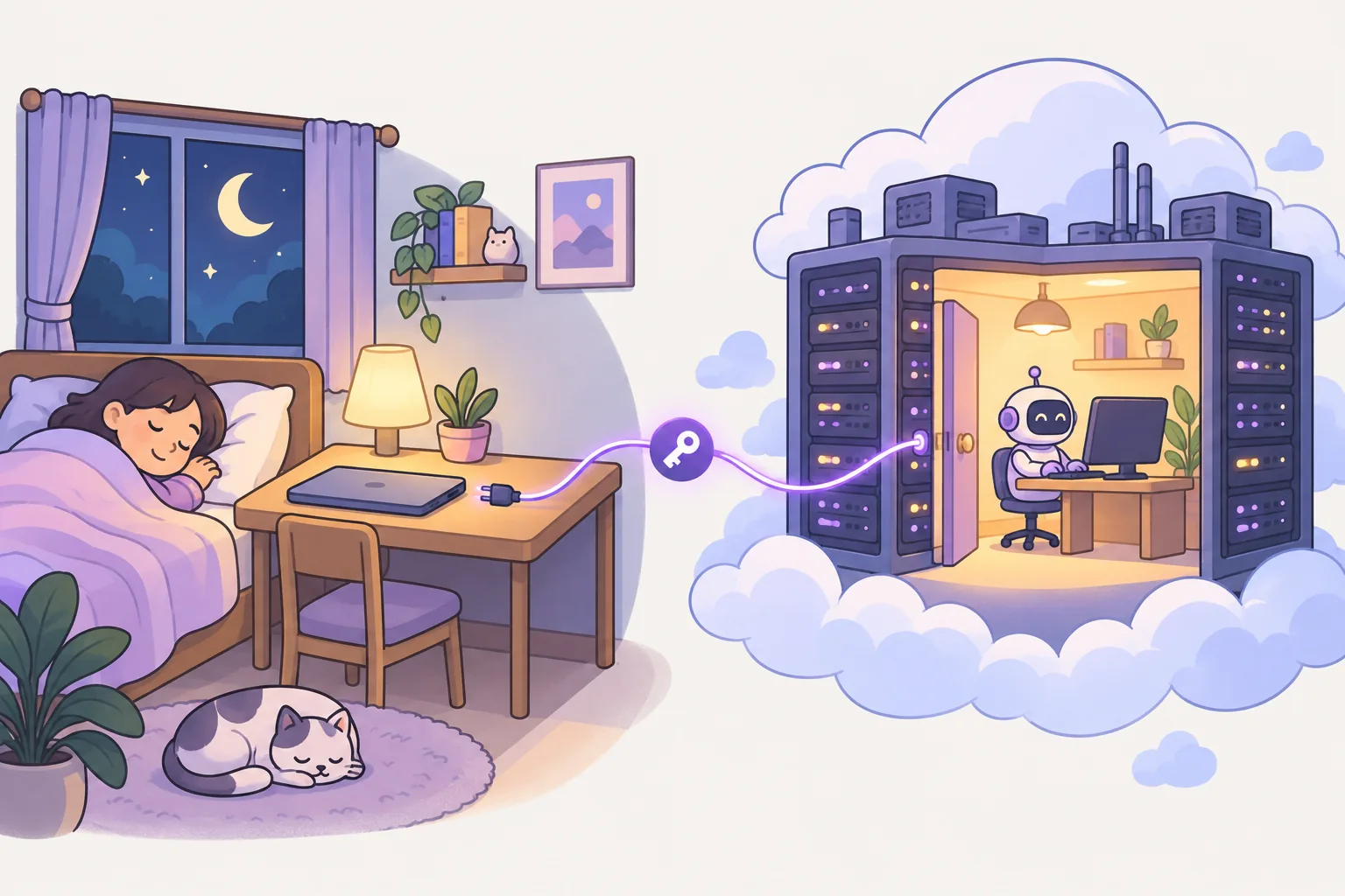 Left: a person sleeps at night beside a closed laptop. A thin line with a key icon leads to the right, where its plug has come loose. Right: in a data centre in the cloud, a lit room where a robot keeps working at a screen.