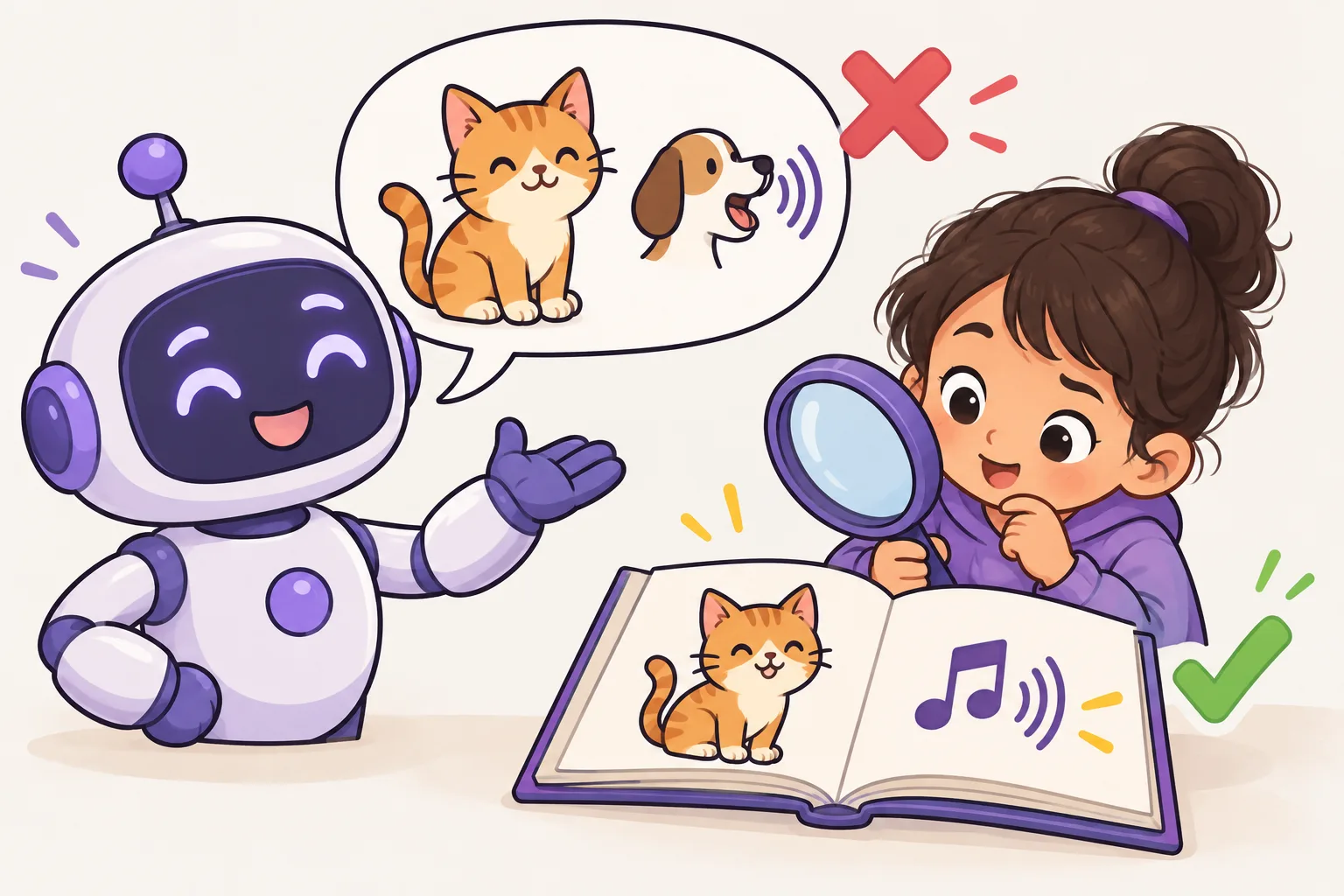 A robot confidently shows a cat paired with a dog's bark, marked with a red cross, while a child with a magnifying glass checks a picture book that shows the cat with the right sound, marked with a green check.