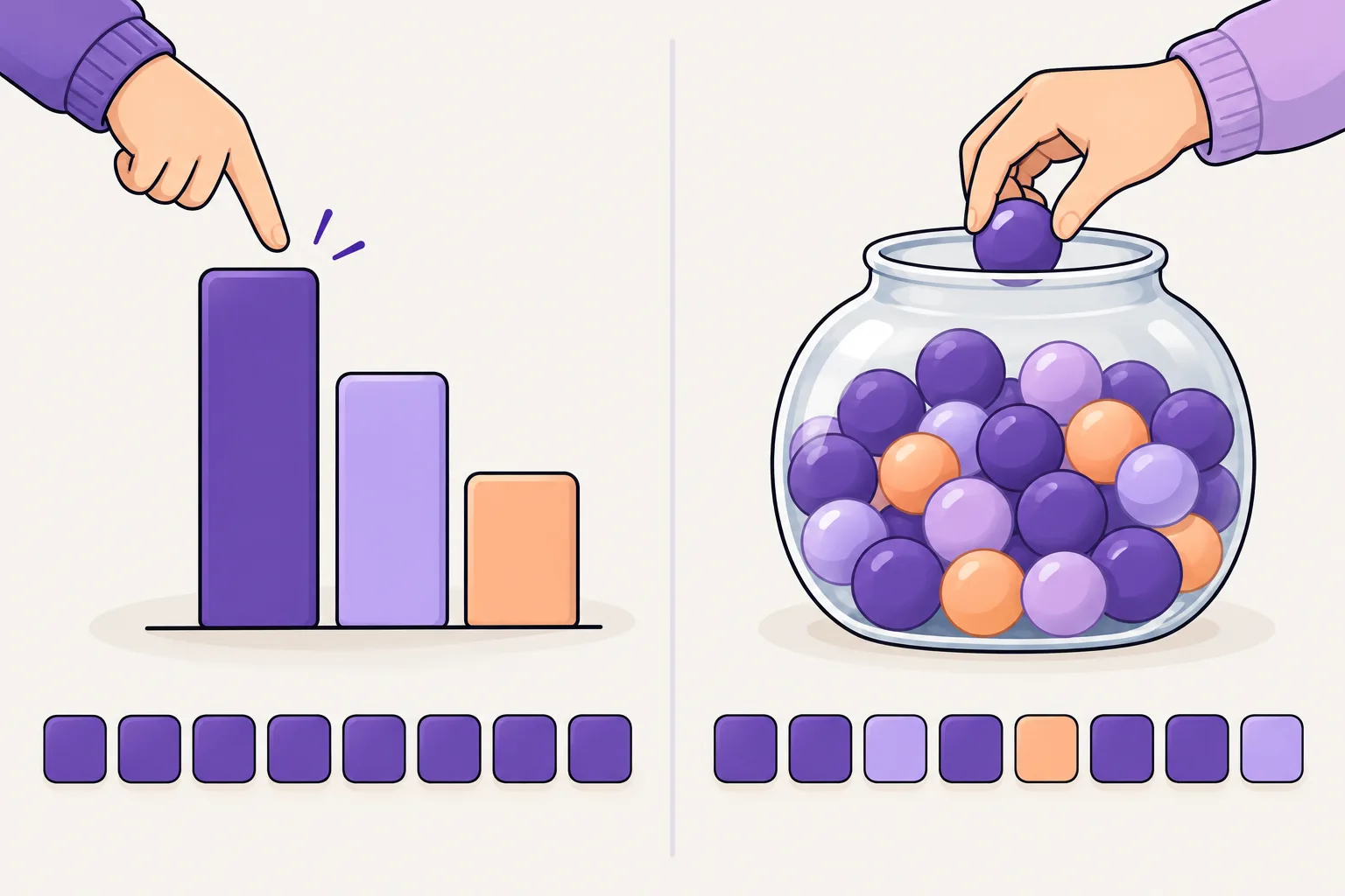 Left: a hand always points at the tallest bar, so the same block appears every time. Right: a hand draws balls from a jar with many purple, fewer lavender and a few peach balls, so the results are mostly purple with an occasional other colour.