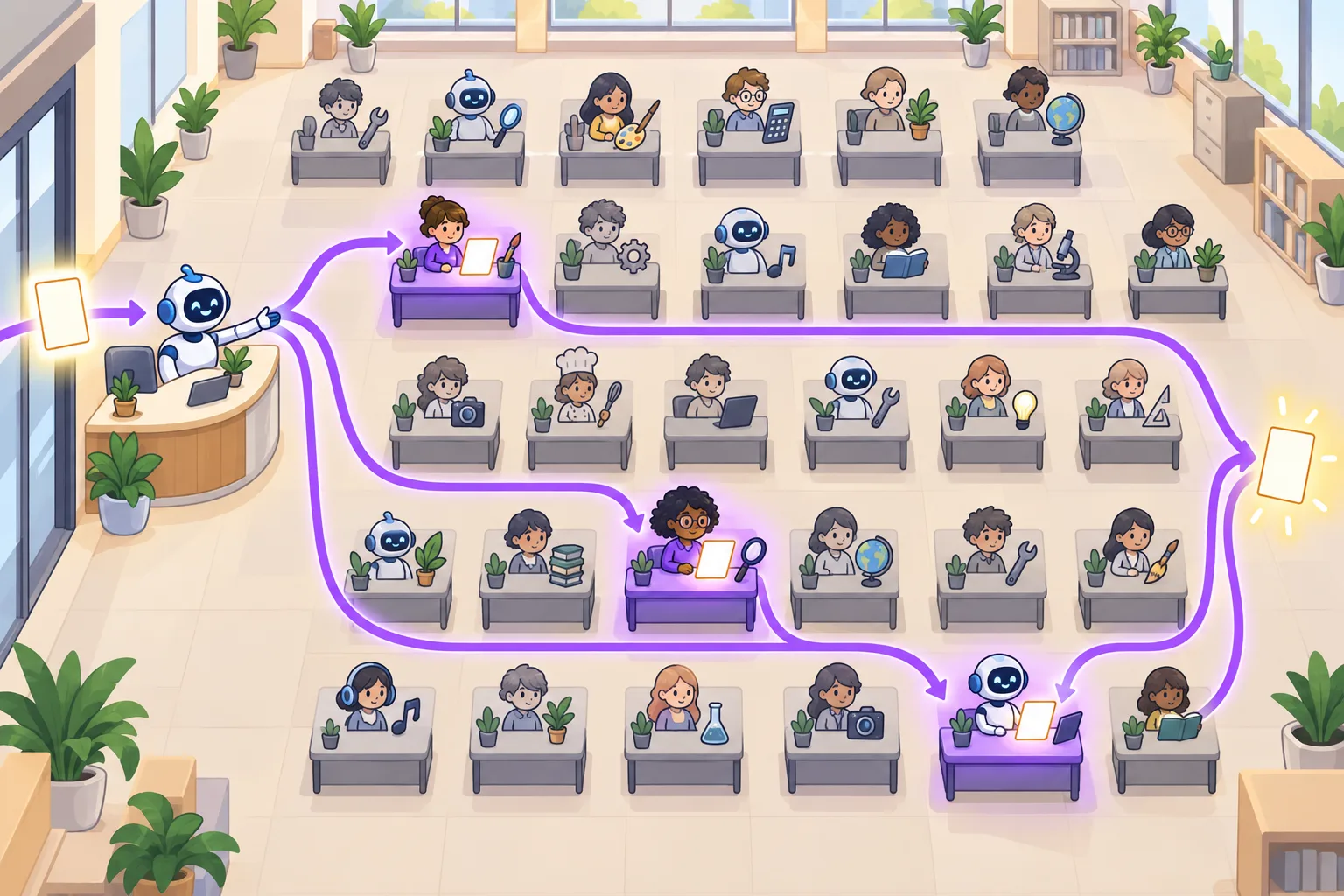 An office where a robot receptionist sends a question card to just three of many expert desks, and only those three lit-up experts work on it