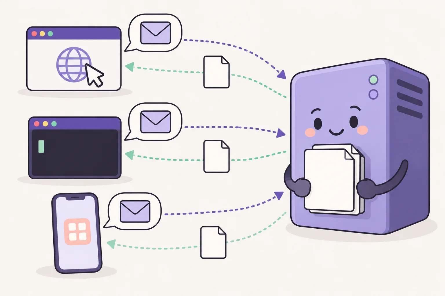 A browser window, a dark terminal window and a smartphone each send an envelope to the same server, and pages come back to each of them.