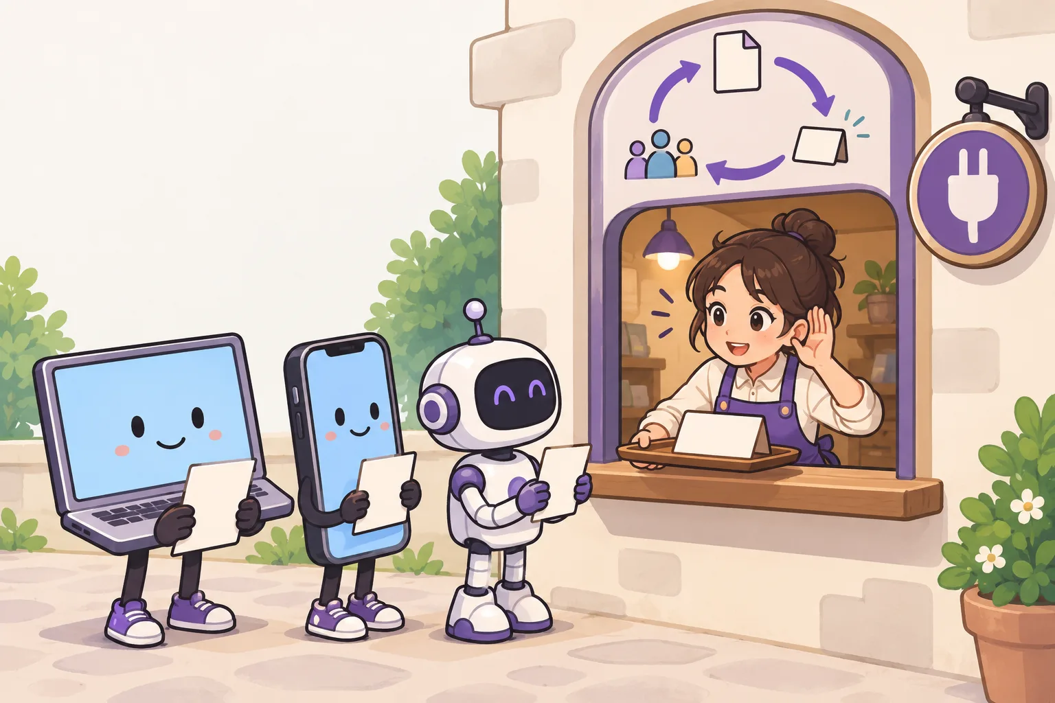 A clerk behind a small window listens to a queue of visitors (a laptop, a phone and a small robot), each holding a request note, with a looping arrow above the window.