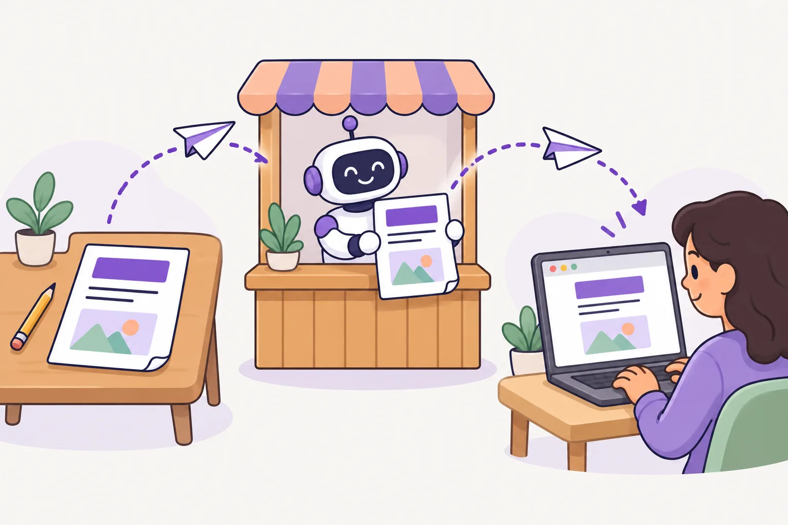 Three stages joined by a dotted arrow: a page drawn on paper, a friendly robot clerk holding that page at a shop counter, and a person at a laptop whose browser shows the same page.
